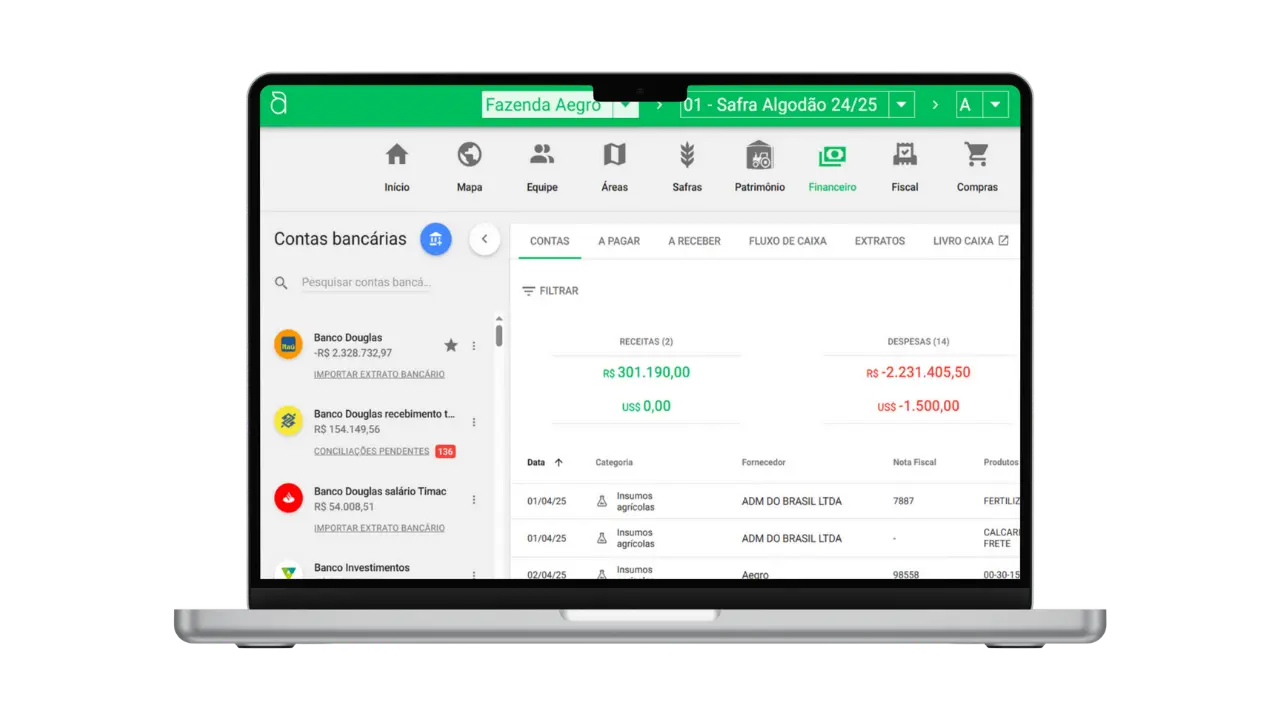 Sistema Aegro de conferência bancária mostrando extrato