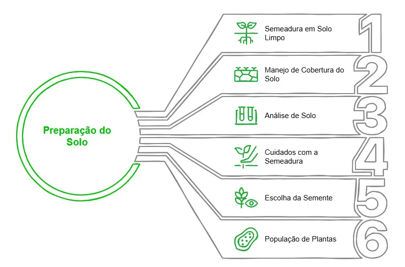 Este infográfico detalha as seis etapas fundamentais para a preparação do solo antes do plantio. No centro, um círculo verde