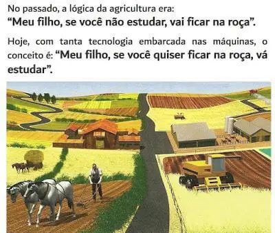 ilustração comparativa que retrata a profunda evolução da agricultura, dividida visualmente por uma estrada. D