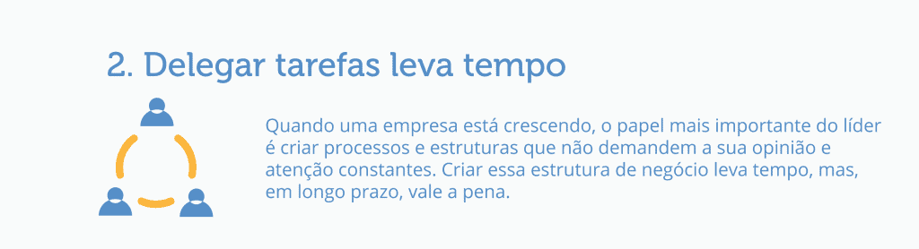 conceito de gestão sobre a importância da delegação de tarefas. Com o título ‘2. Delegar tarefas leva temp