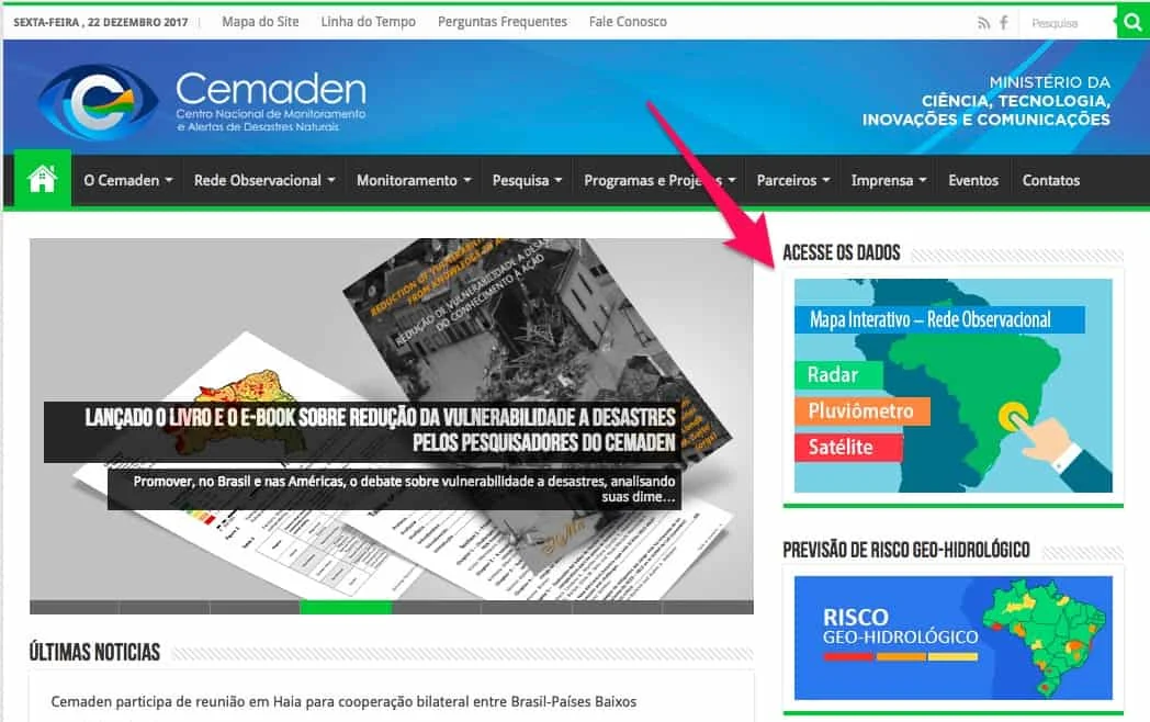 uma captura de tela do site do Cemaden (Centro Nacional de Monitoramento e Alertas de Desastres Naturais), um