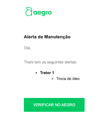 uma notificação de ‘Alerta de Manutenção’ do software de gestão agrícola Aegro. A notificação, com um design l