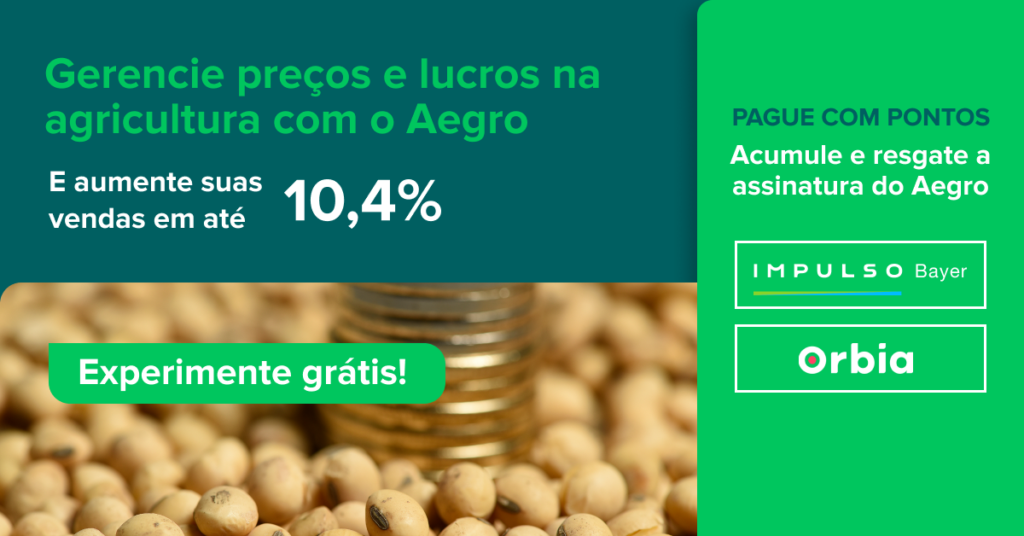 material de marketing para o software de gestão rural Aegro, com um design dividido. A seção principal, à esque