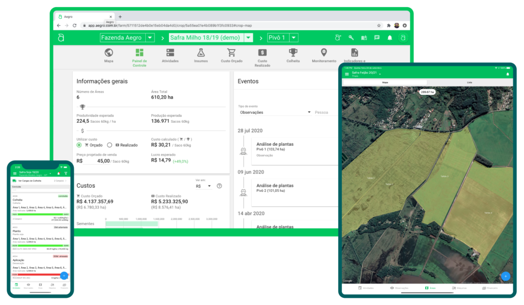 composição que exibe a interface do software de gestão rural Aegro em três dispositivos diferentes: um navegad