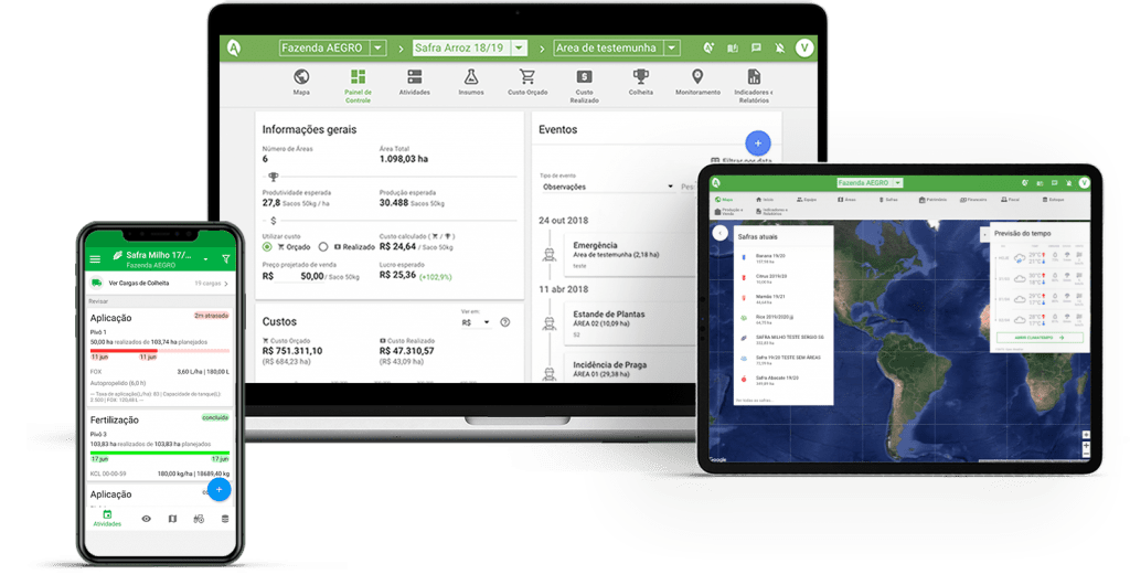 a interface do software de gestão agrícola Aegro em três dispositivos diferentes: um laptop, um tablet e um sm
