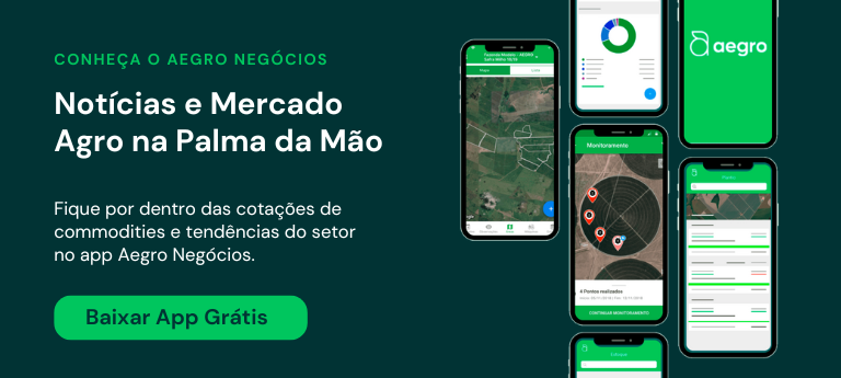 Banner promocional do aplicativo Aegro Negócios, com um fundo verde escuro. À esquerda, o texto principal destaca: ‘Conheça o
