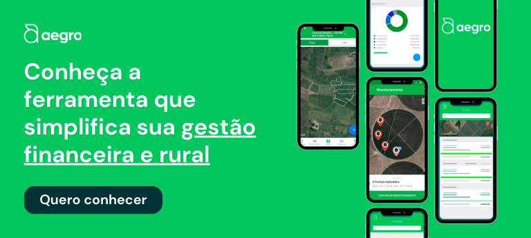 Esta é uma imagem promocional para o software de gestão rural Aegro. Com um fundo verde vibrante, a imagem destaca, à esquerd
