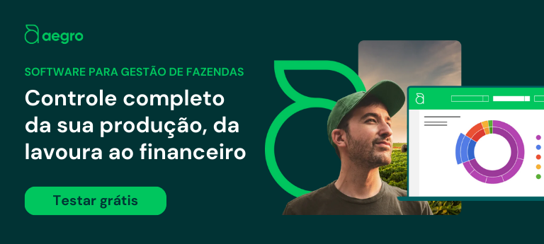 banner promocional para o software de gestão de fazendas Aegro. Com um fundo verde escuro, a peça destaca o log