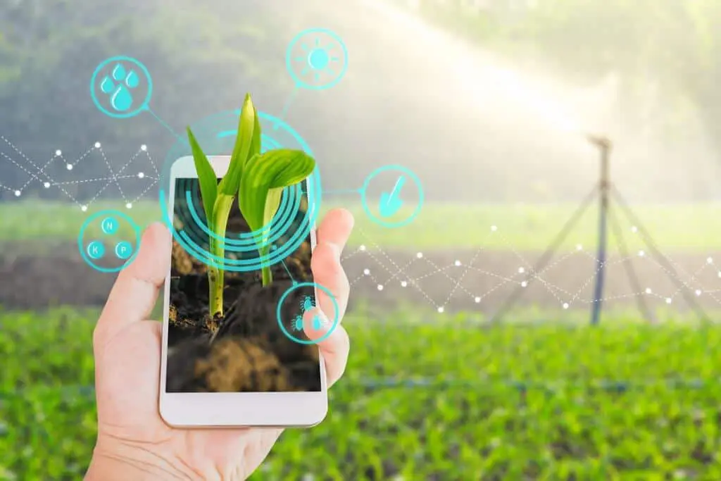 conceito de agricultura de precisão e o uso da tecnologia no campo. Em primeiro plano, uma mão segura um s