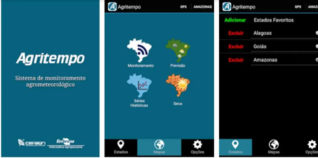 três telas da interface do aplicativo móvel ‘Agritempo’, um sistema de monitoramento agrometeorológico desenvo