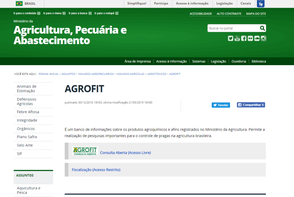 uma captura de tela da página do sistema AGROFIT, hospedada no site oficial do Ministério da Agricultura, Pecu