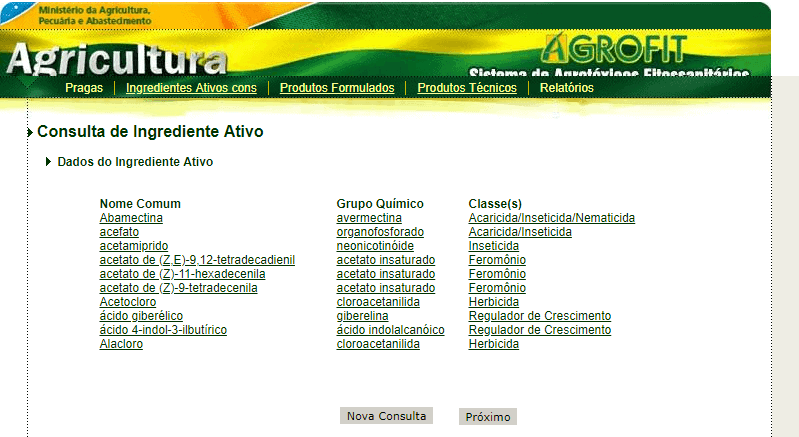 uma captura de tela do sistema Agrofit, a plataforma oficial de consulta de agrotóxicos e afins do Ministério