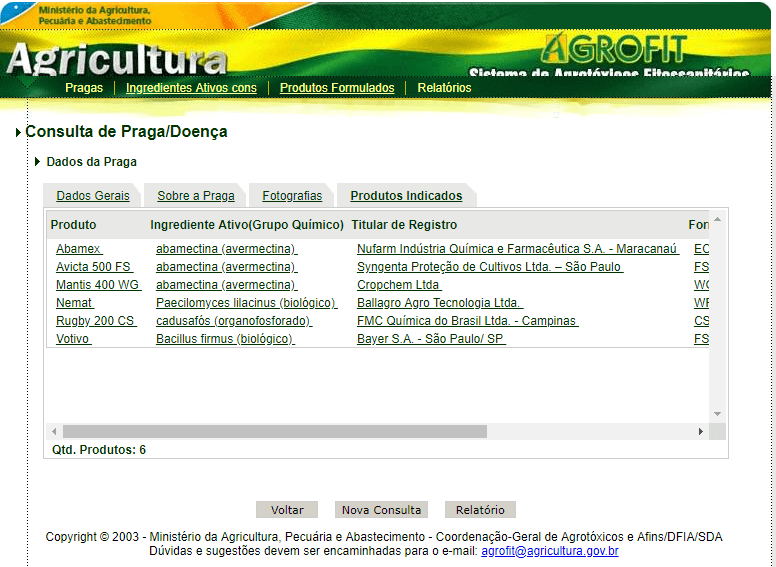 uma captura de tela do sistema Agrofit, a plataforma oficial de consulta de agrotóxicos e produtos fitossanitá