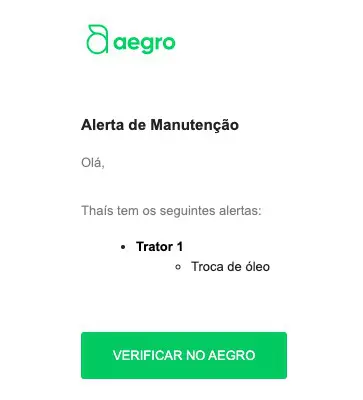 uma captura de tela de um e-mail de notificação do software de gestão agrícola Aegro. O e-mail, intitulado ‘Al