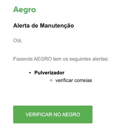 uma notificação de ‘Alerta de Manutenção’ do software de gestão agrícola Aegro. Com um design limpo e direto,