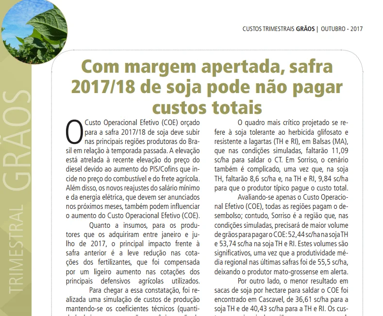 trecho de um relatório técnico-econômico sobre a safra de soja 2017/18 no Brasil, intitulado ‘Custos Trimes