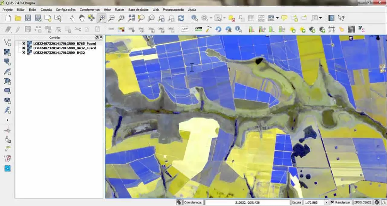 captura de tela do software QGIS (versão 2.4.0-Chugiak), uma ferramenta de Sistema de Informação Geográfica (S