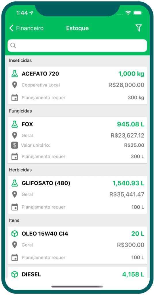 a tela de um smartphone com a interface do aplicativo Aegro, especificamente na seção de ‘Estoque’. A tela apr