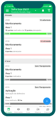 Tela do aplicativo móvel Aegro mostrando o gerenciamento de tarefas e atividades da fazenda.