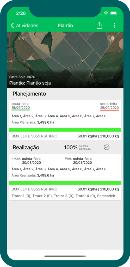 a tela de um smartphone com o aplicativo Aegro aberto, detalhando uma atividade de plantio de soja. A interfac