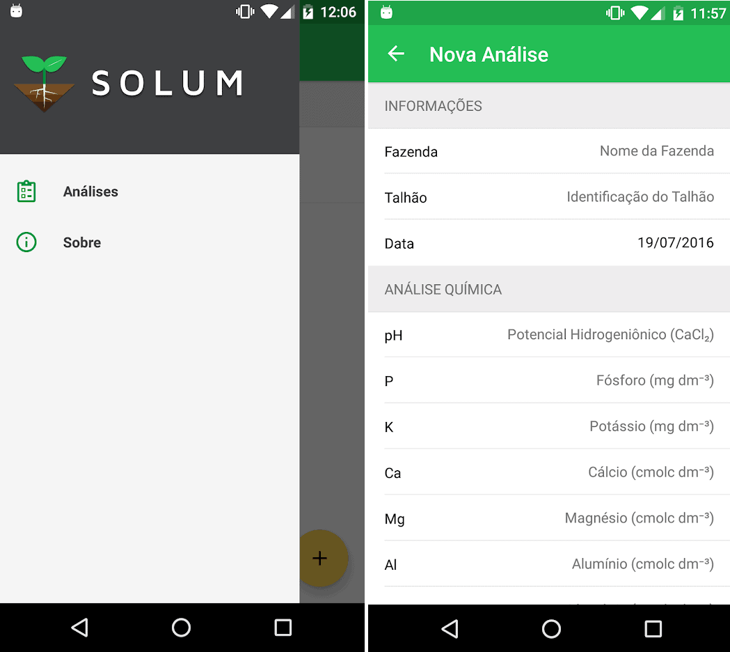 duas telas de um aplicativo móvel para agricultura chamado ‘SOLUM’. A tela da esquerda mostra o menu principal