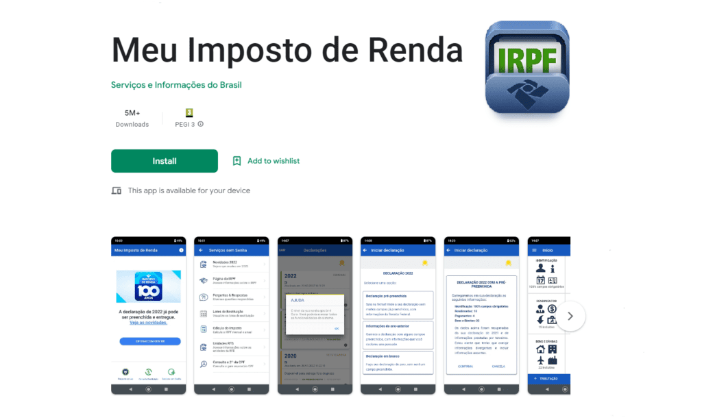 a página de download do aplicativo oficial ‘Meu Imposto de Renda’ em uma loja de aplicativos, como a Google Pl