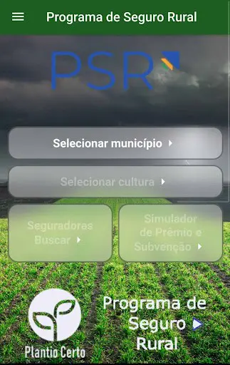 a tela inicial de um aplicativo móvel brasileiro chamado ‘Programa de Seguro Rural’ (PSR), com o logo da marca