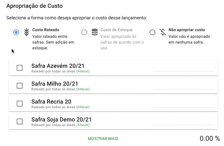 GIF que demonstra a funcionalidade de ‘Apropriação de Custo’ dentro de um software de gestão agrícola, como o A