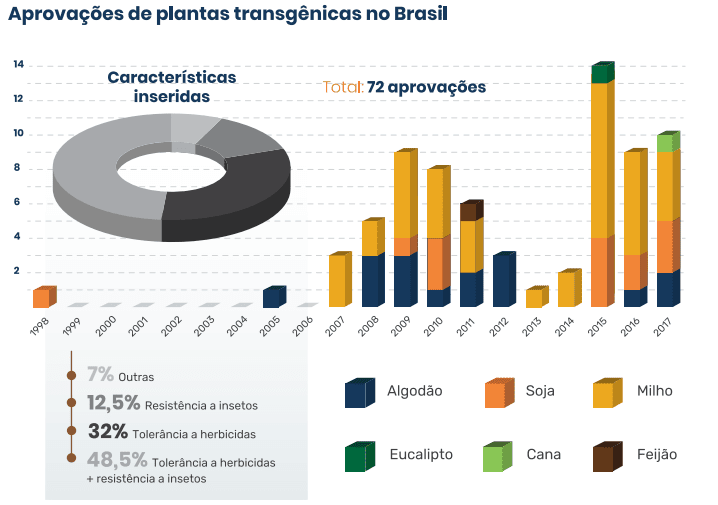 infográfico detalhado que ilustra a evolução das aprovações de plantas transgênicas no Brasil entre os anos de