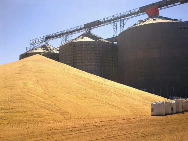 uma grande operação de armazenagem de grãos, provavelmente soja ou milho, em uma unidade de armazenamento agrí