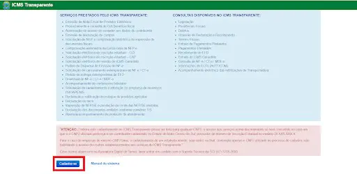 a tela inicial do portal ‘ICMS Transparente’, uma plataforma governamental destinada à gestão do Imposto sobre