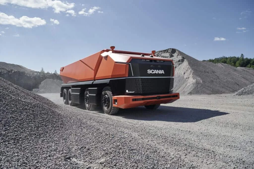 o Scania AXL, um caminhão basculante conceito totalmente autônomo, operando em uma pedreira ou mina a céu aber
