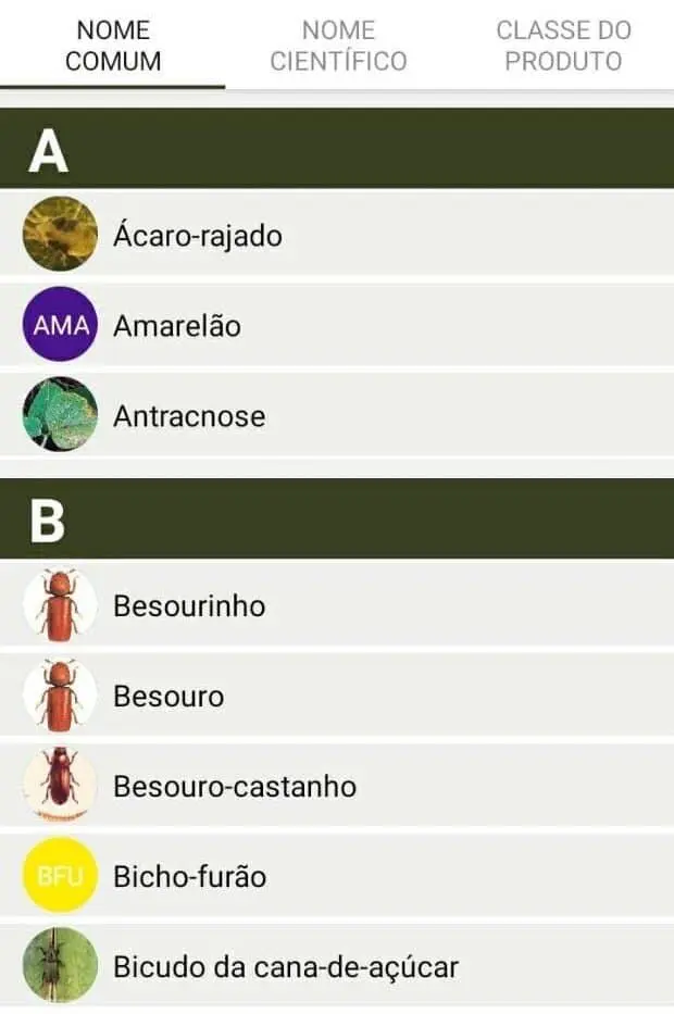 a interface de um aplicativo móvel, provavelmente o Aegro, que apresenta um catálogo digital de pragas e doenç