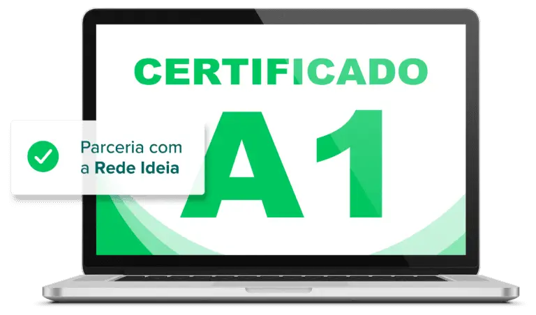 tela de um laptop moderno, em fundo branco, destacando a oferta do ‘CERTIFICADO A1’. As letras são grandes e