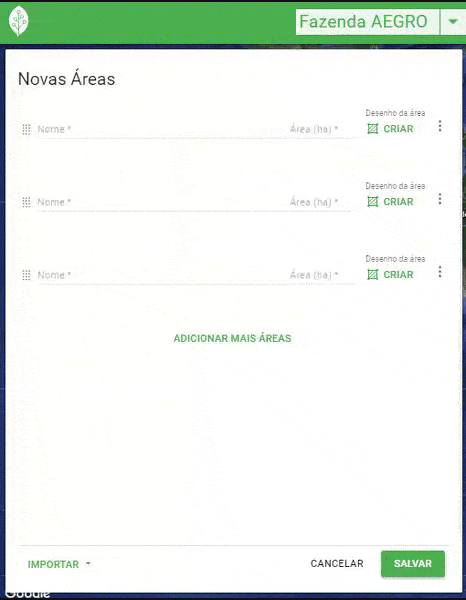 GIF que demonstra o processo de criação de novas áreas agrícolas, ou talhões, dentro do software de gestão Aegr
