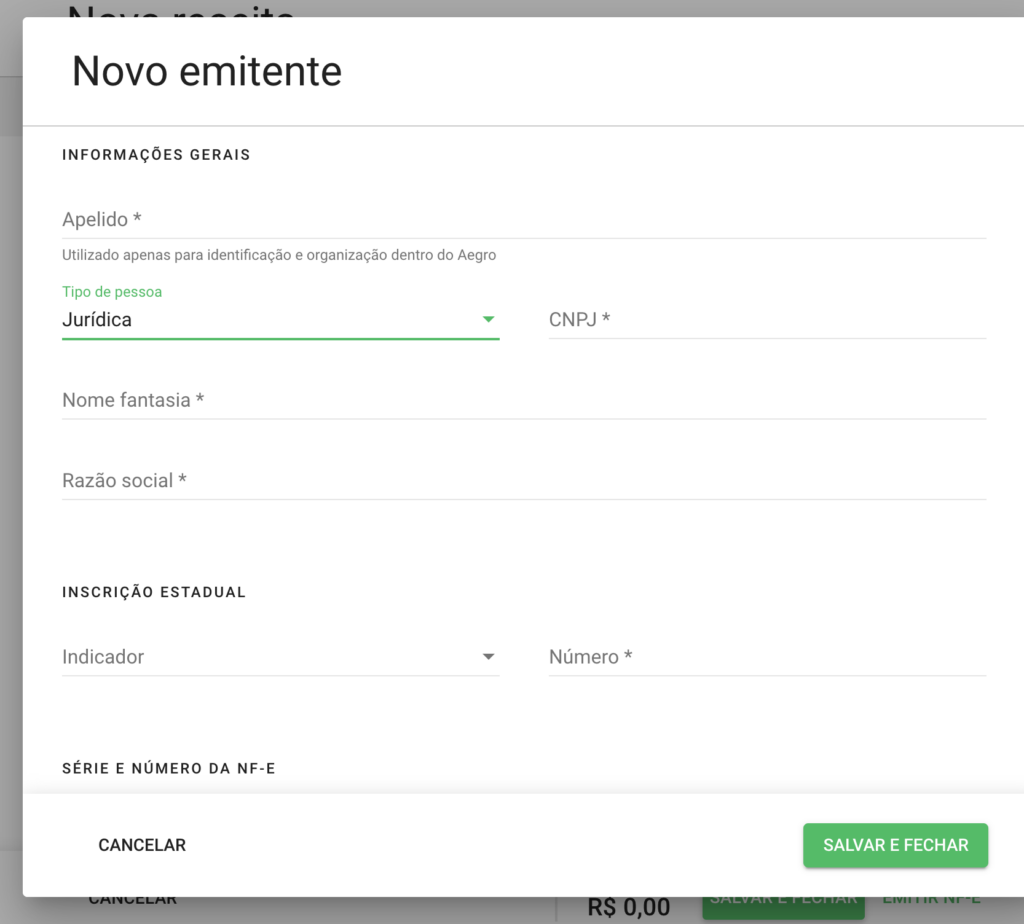 uma captura de tela da interface do software Aegro, especificamente o formulário de cadastro de um ‘Novo emite