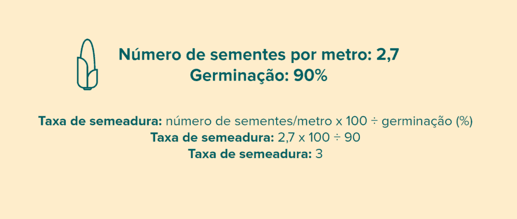 infográfico educacional que demonstra de forma clara e concisa como calcular a taxa de semeadura, um parâmetro