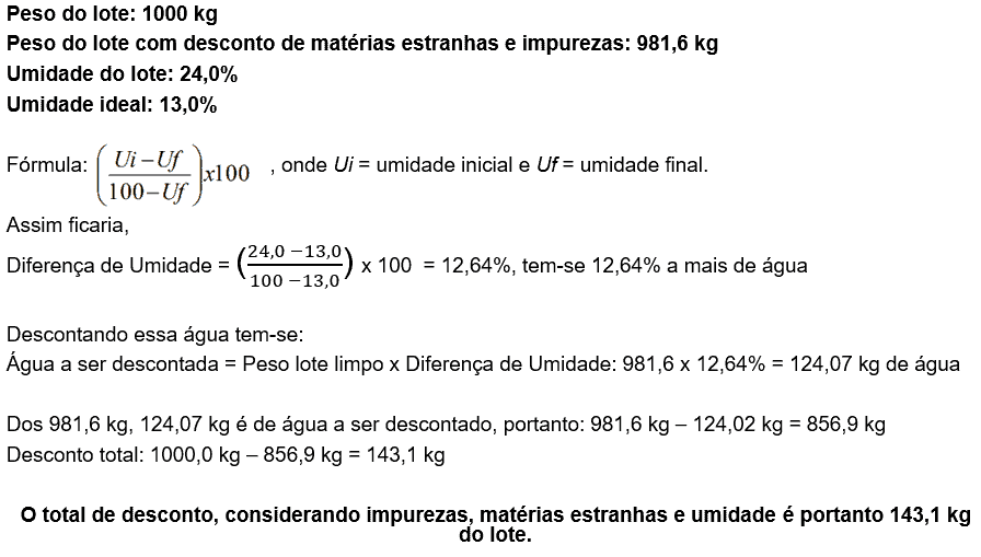exemplo prático e detalhado do cálculo de desconto em um lote de grãos, como soja ou milho. O processo