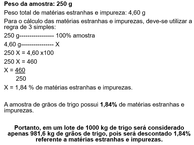 exemplo prático e detalhado do cálculo de percentual de impurezas em uma amostra de grãos de trigo. O p