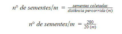 A imagem apresenta duas fórmulas matemáticas sobre um fundo branco, destinadas a calcular a densidade de sementes por metro l