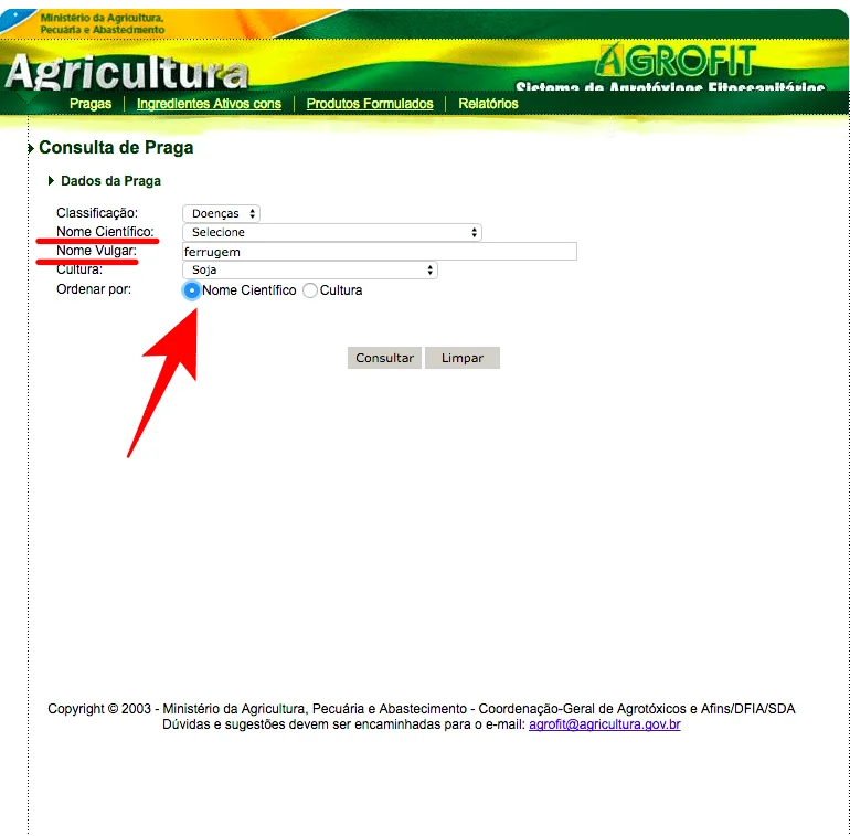 uma captura de tela da interface do sistema Agrofit, a plataforma de agrotóxicos e afins do Ministério da Agri