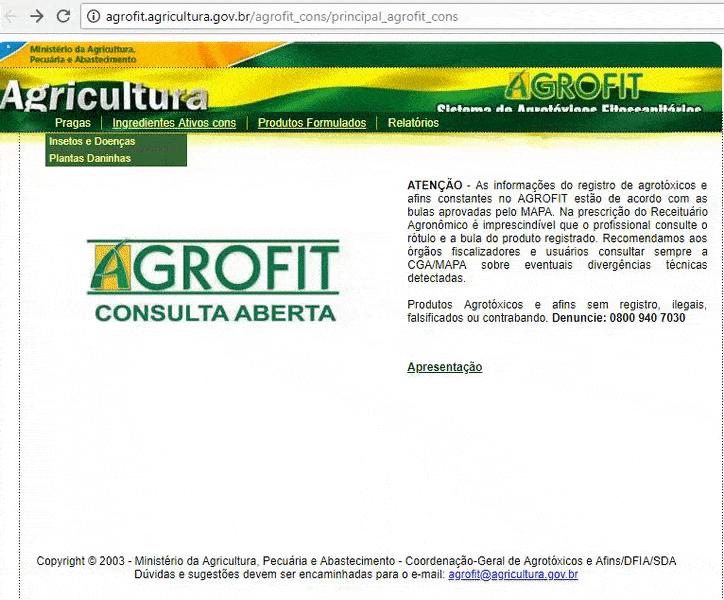GIF animado que demonstra a navegação no site Agrofit, o Sistema de Agrotóxicos e Afins do Ministério da Agricu