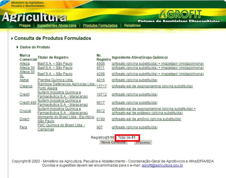 captura de tela do sistema AGROFIT, a plataforma oficial do Ministério da Agricultura, Pecuária e Abasteciment