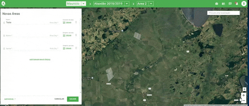 Este GIF demonstra o processo de criação e mapeamento de uma nova área agrícola, ou talhão, dentro da plataforma Aegro. A tel