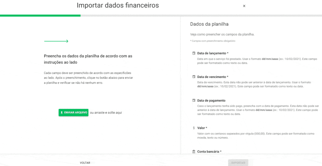 a interface da funcionalidade ‘Importar dados financeiros’ do software Aegro. A tela é dividida em duas coluna