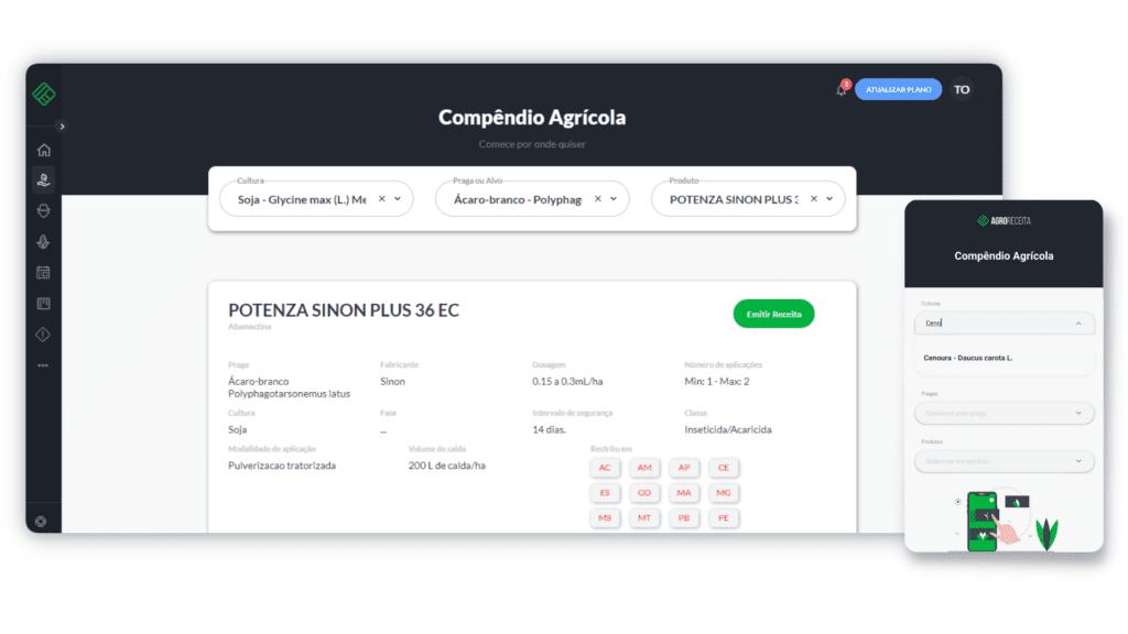 a interface do ‘Compêndio Agrícola’, uma ferramenta digital do software Aegro, apresentada tanto em sua versão