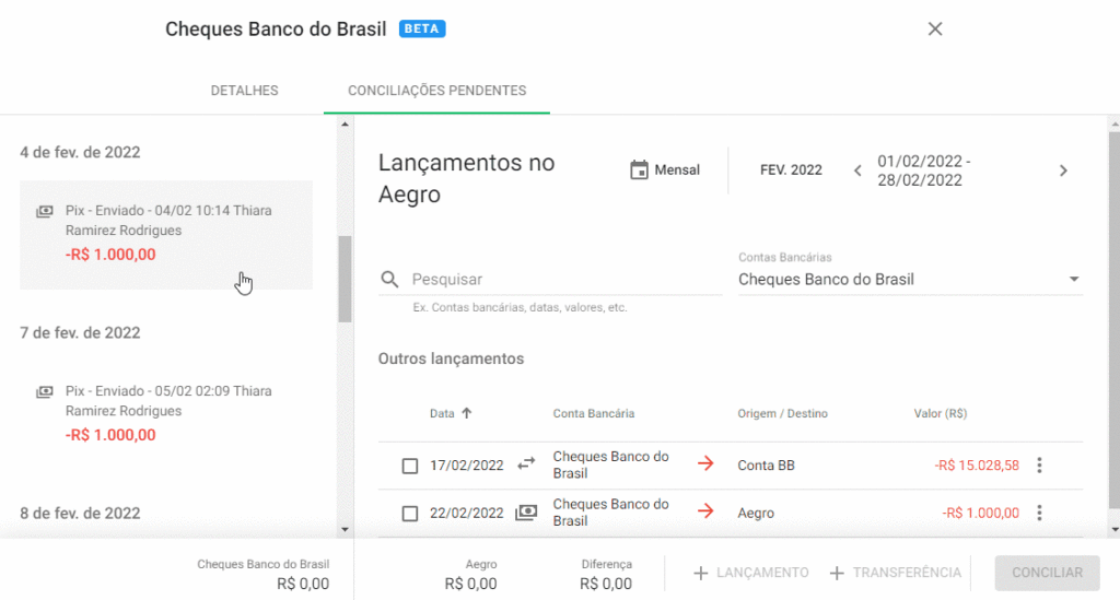 Este GIF animado demonstra a funcionalidade de conciliação bancária dentro do software Aegro. A tela, intitulada ‘Cheques Ban