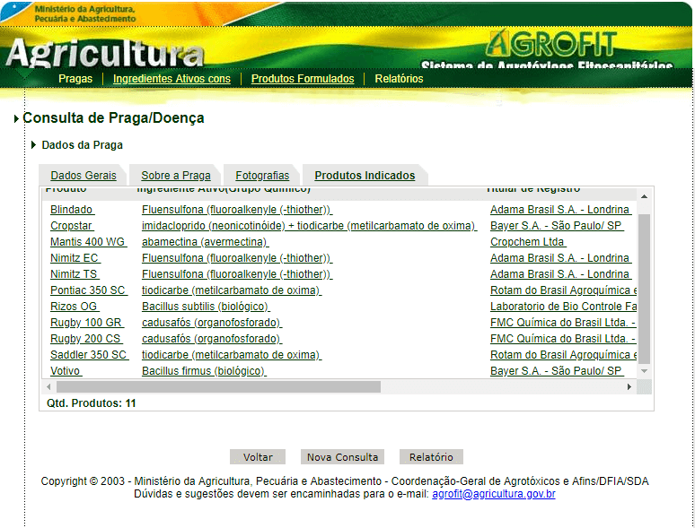 uma captura de tela da interface do sistema AGROFIT, a plataforma oficial do Ministério da Agricultura, Pecuár