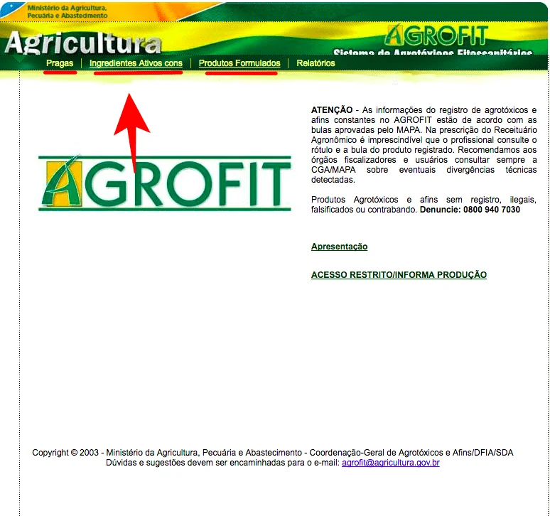 uma captura de tela da página inicial do sistema AGROFIT, a plataforma oficial do Ministério da Agricultura, P