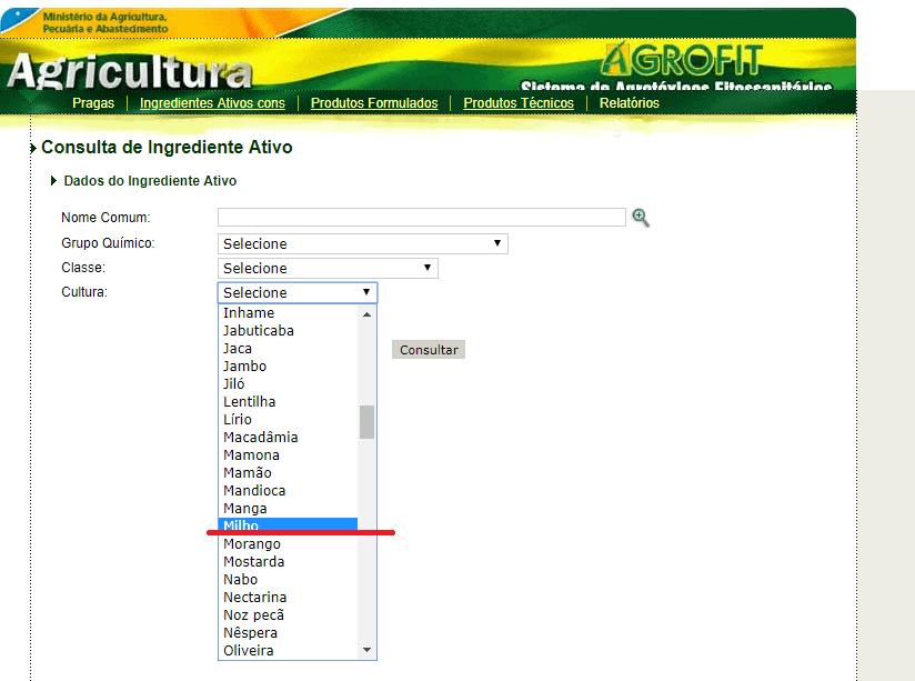 uma captura de tela da interface do sistema AGROFIT, uma plataforma do Ministério da Agricultura, Pecuária e A